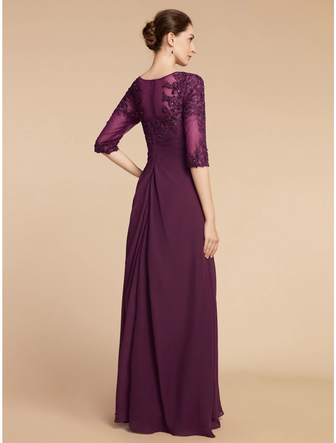 Wholesale Sheath / Column Mother of the Bride Dress Wedding Guest Elegant Scoop Neck Floor Length Chiffon Lace Half Sleeve with Pleats Sequin